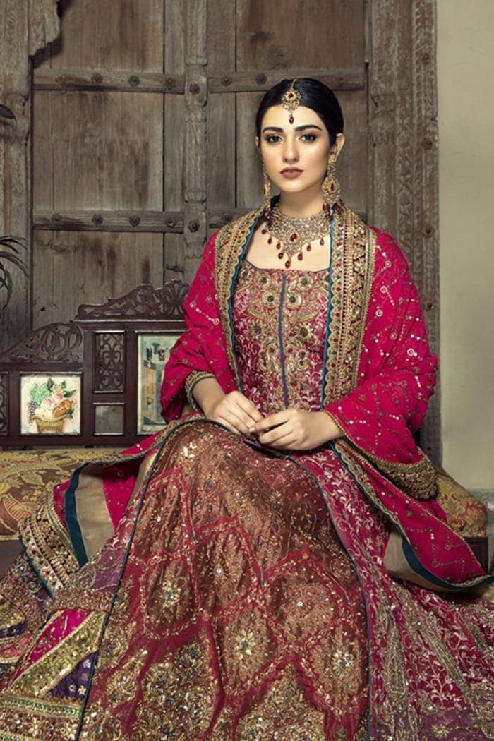 Pakistani Fuchsia Zardozi Chiffon Gown & Khimkhaab Lehenga (3-Piece) - Image 3