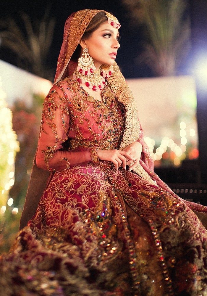 Pakistani Rose Pink & Bronze Khimkhaab Lehenga with Chiffon Gown (3-Piece) - Image 1
