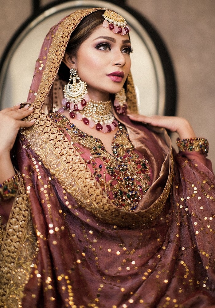 Pakistani Rose Pink & Bronze Khimkhaab Lehenga with Chiffon Gown (3-Piece) - Image 2