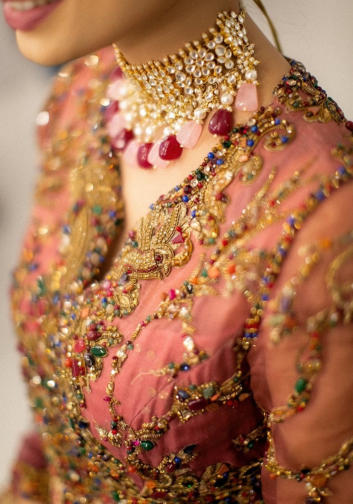 Pakistani Rose Pink & Bronze Khimkhaab Lehenga with Chiffon Gown (3-Piece) - Image 3