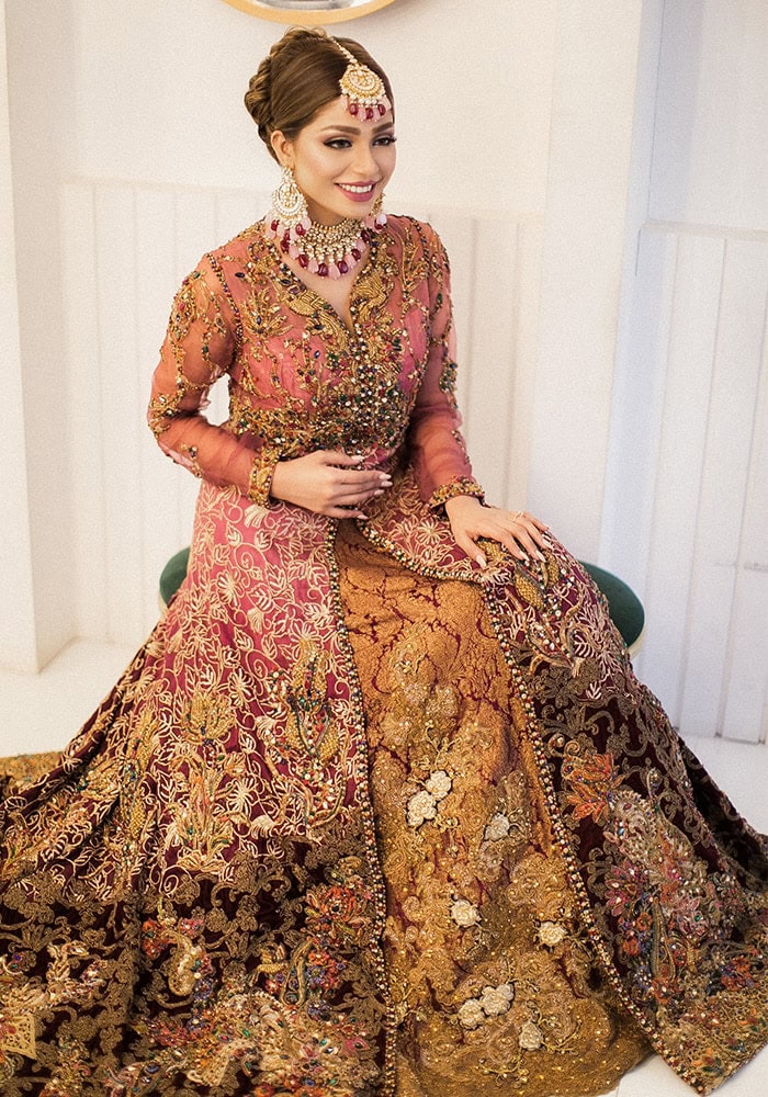 Pakistani Rose Pink & Bronze Khimkhaab Lehenga with Chiffon Gown (3-Piece) - Image 4