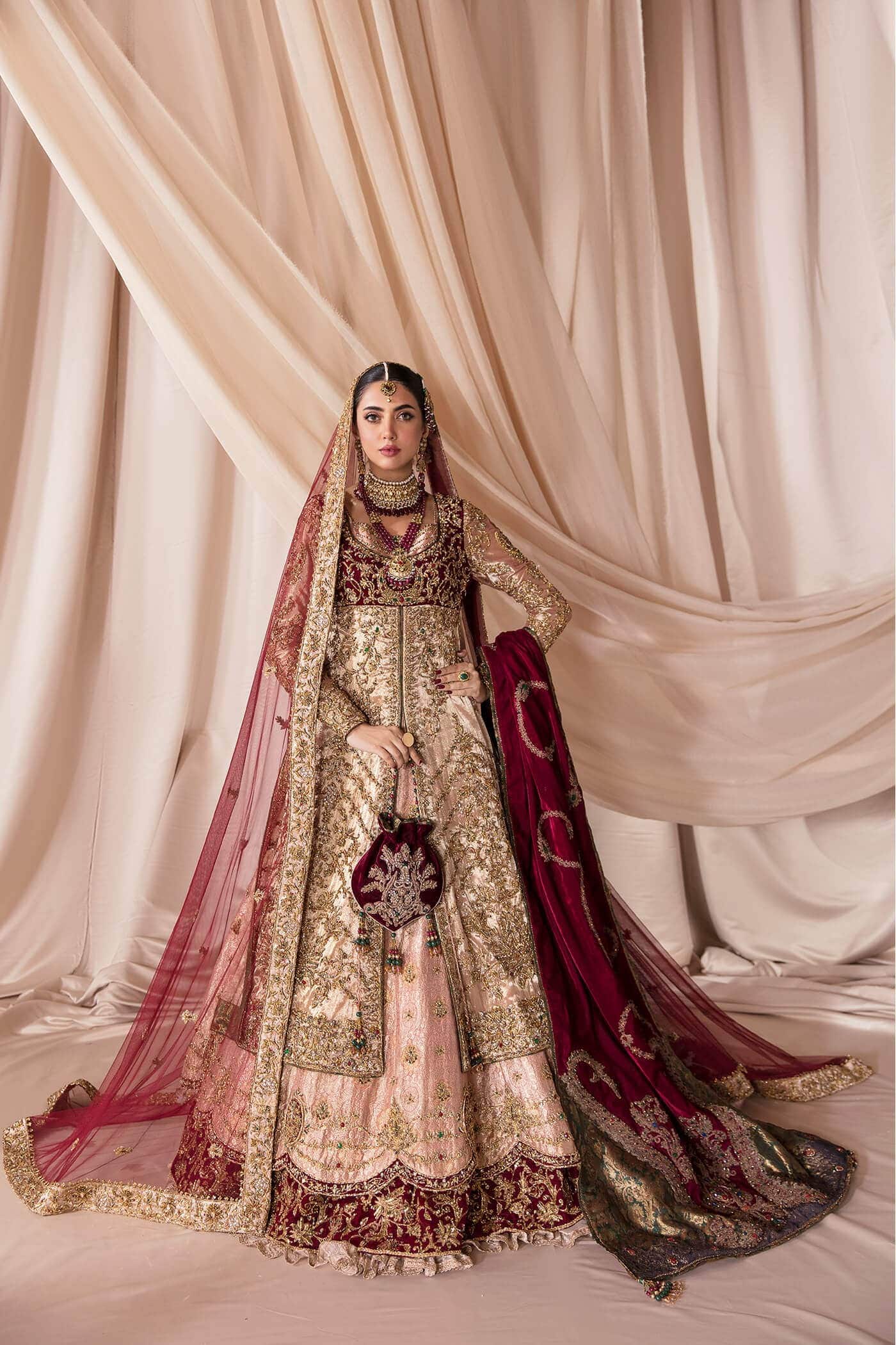 Rose Pink Zardozi Kimkhaab Bridal Lehenga (3-Piece) - Image 1