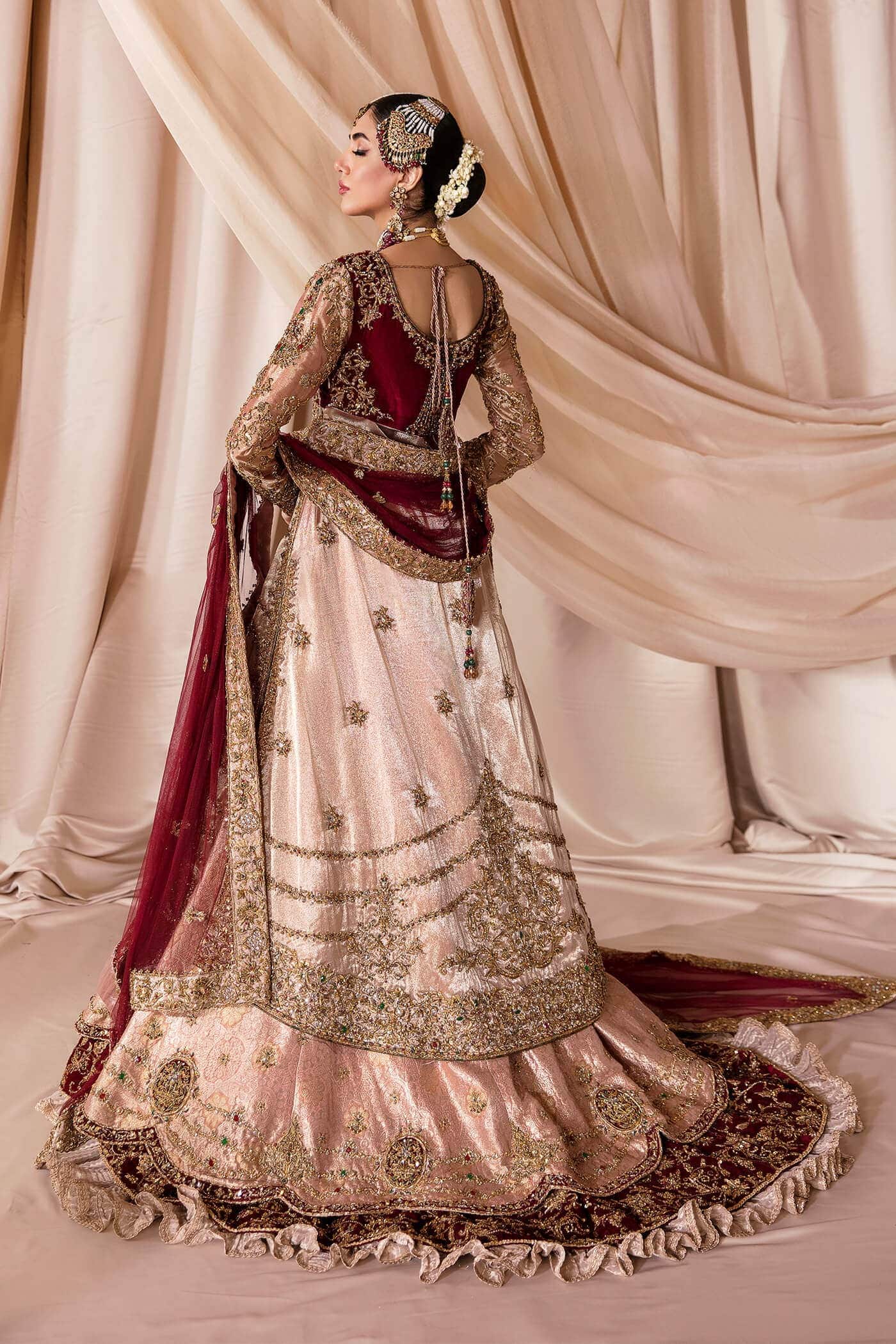 Rose Pink Zardozi Kimkhaab Bridal Lehenga (3-Piece) - Image 4