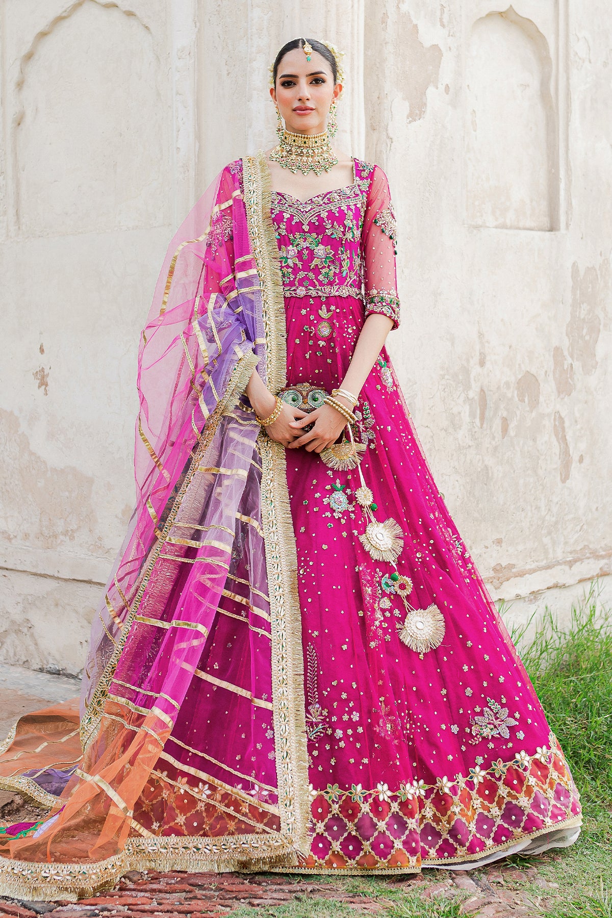 Pakistani Magenta Embroidered Net & Jamawar Pishwas (3-Piece) - Image 1