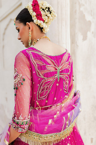 Pakistani Magenta Embroidered Net & Jamawar Pishwas (3-Piece) - Image 3