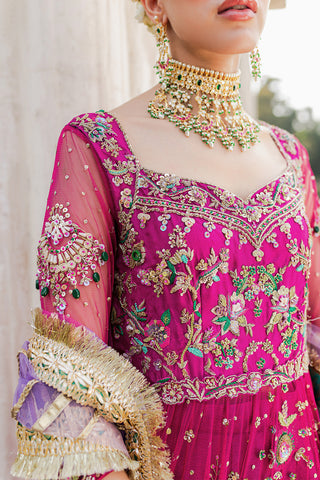 Pakistani Magenta Embroidered Net & Jamawar Pishwas (3-Piece) - Image 7