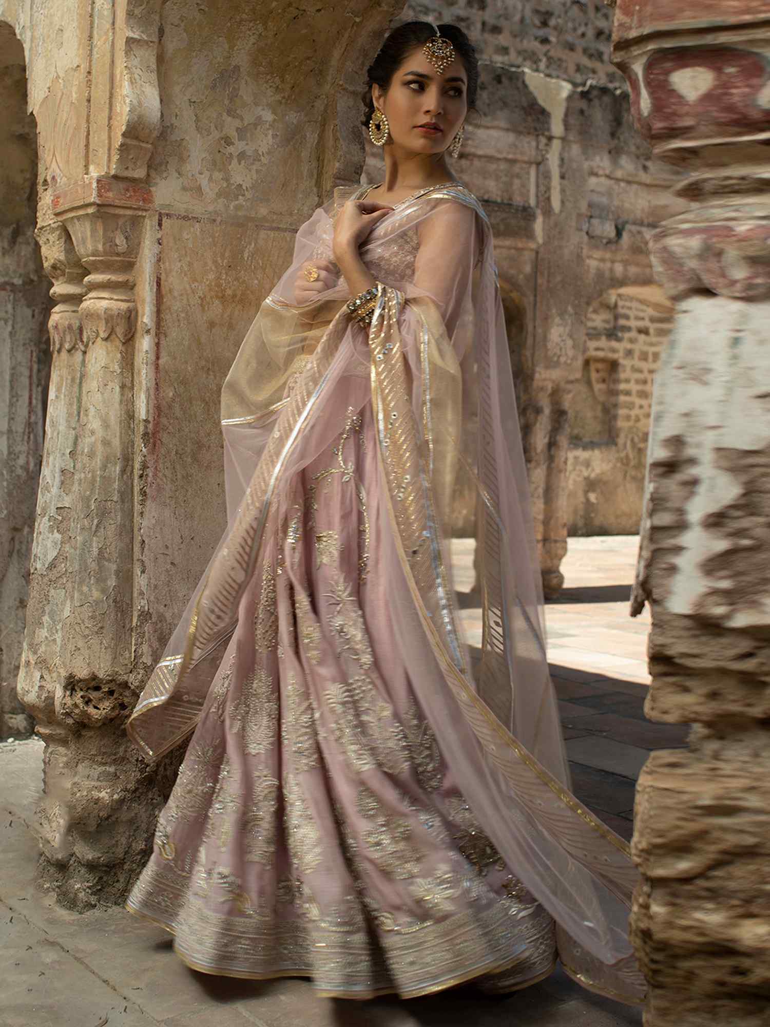Blush Pink Zardozi Kora Silk Lehenga (3-Piece) - Image 1