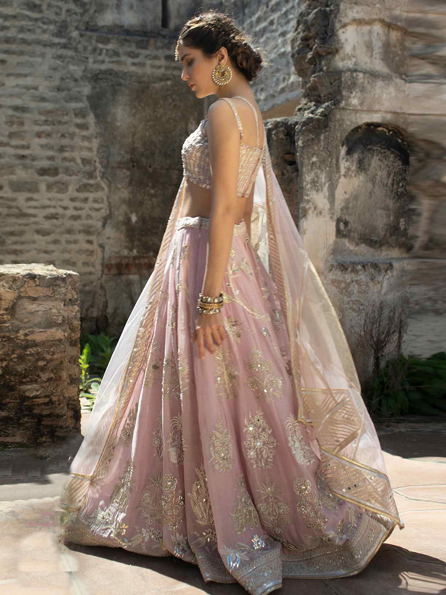 Blush Pink Zardozi Kora Silk Lehenga (3-Piece) - Image 3