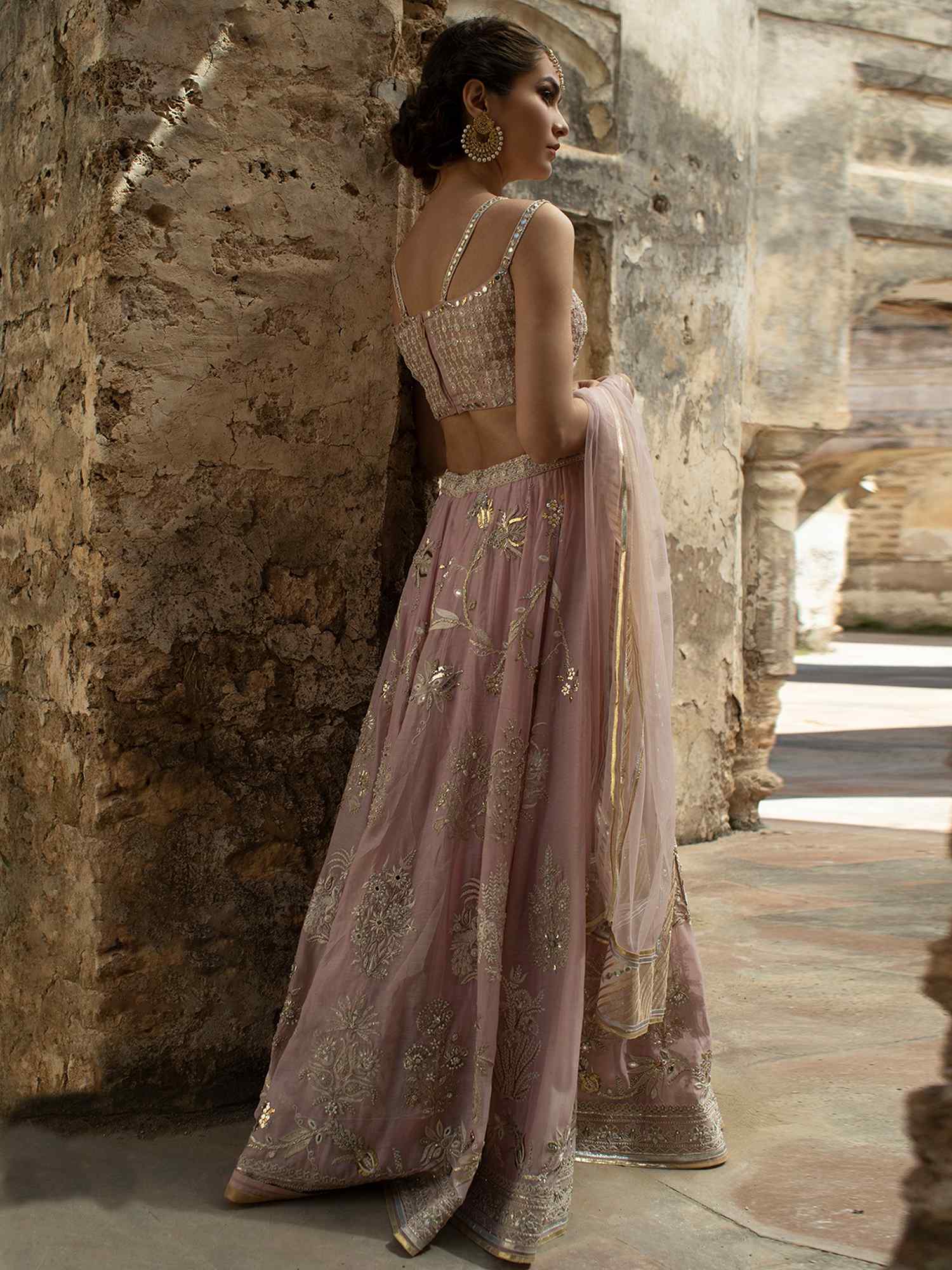Blush Pink Zardozi Kora Silk Lehenga (3-Piece) - Image 4
