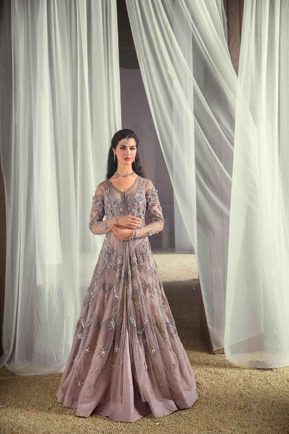 Pakistani Dust Rose Embellished Net Gown with Fishtail Lehenga (3-Piece) - Image 1