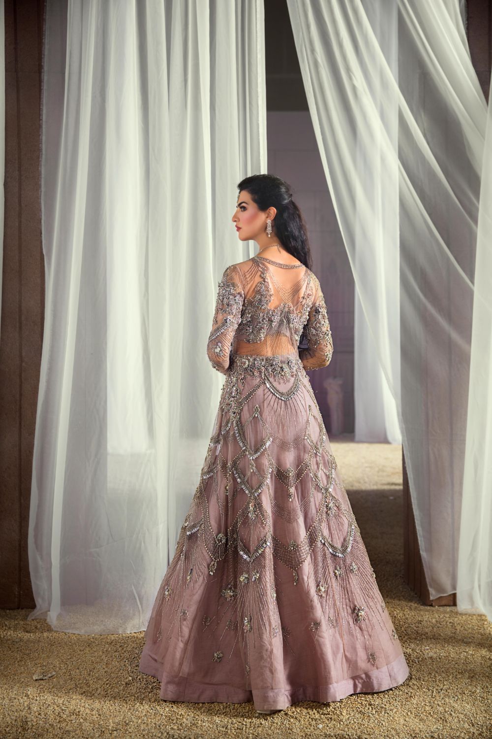 Pakistani Dust Rose Embellished Net Gown with Fishtail Lehenga (3-Piece) - Image 3