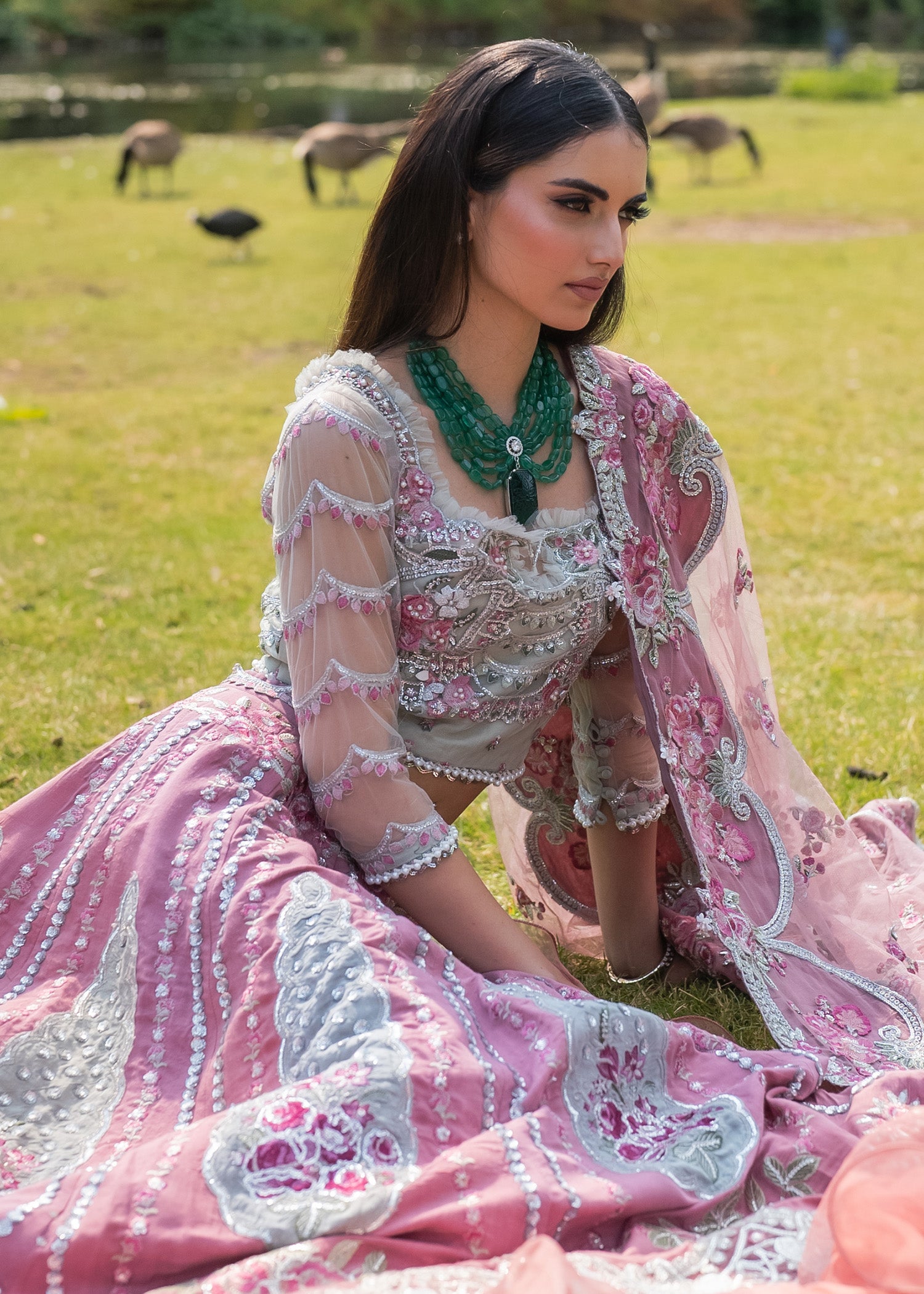 Pink Embroidered Net Choli & Silk Lehenga (3-Piece) - Image 1