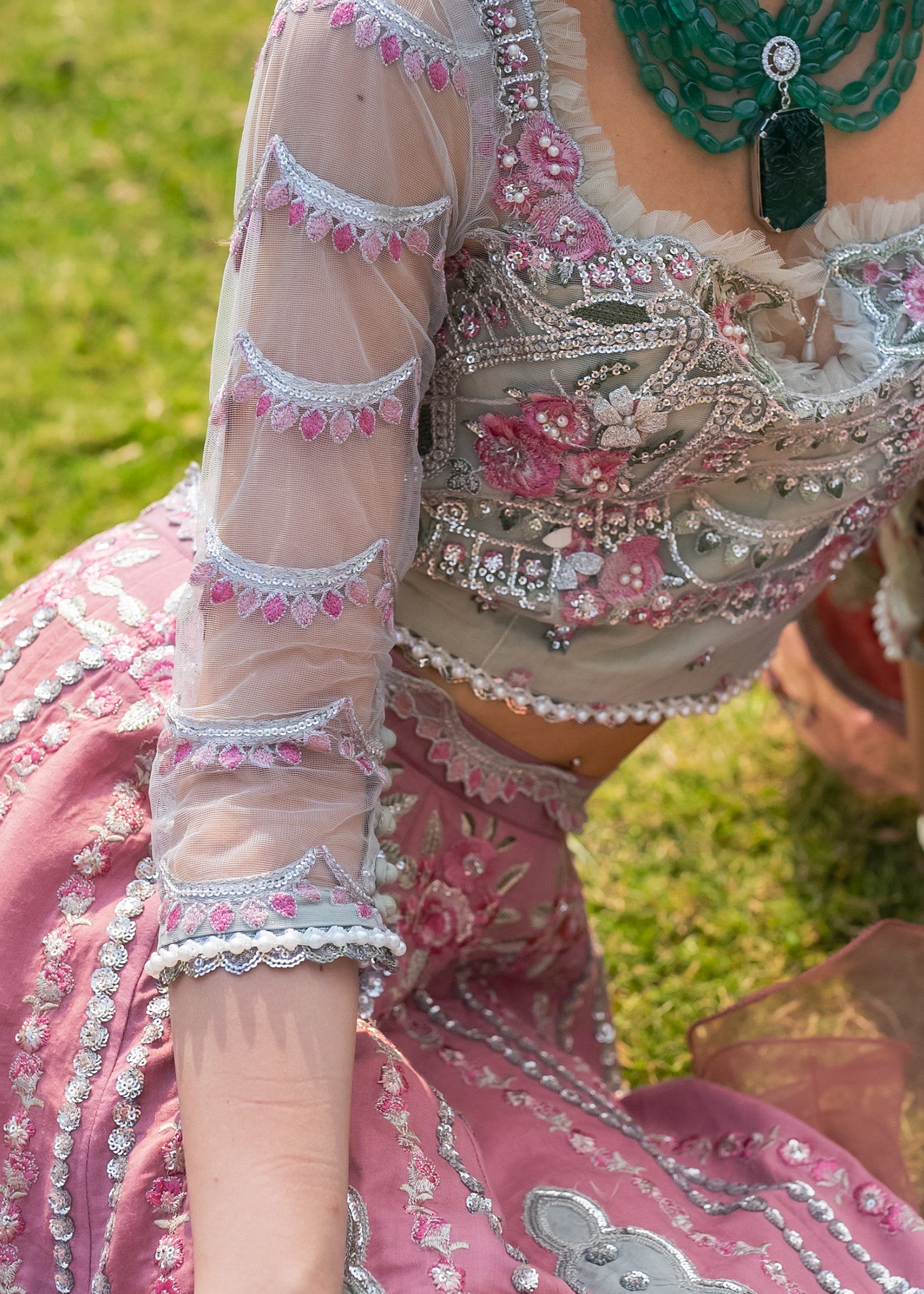 Pink Embroidered Net Choli & Silk Lehenga (3-Piece) - Image 3