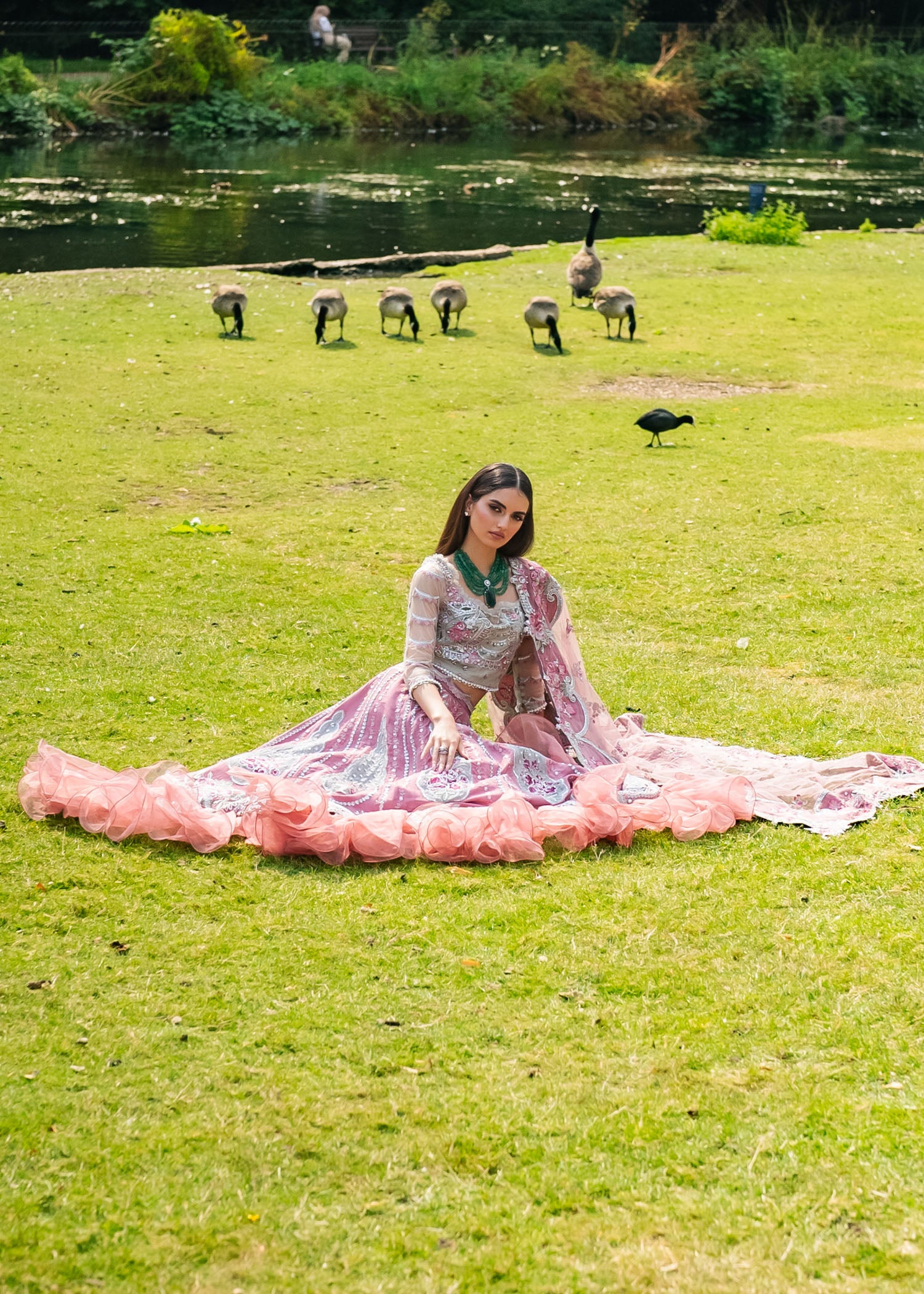 Pink Embroidered Net Choli & Silk Lehenga (3-Piece) - Image 4