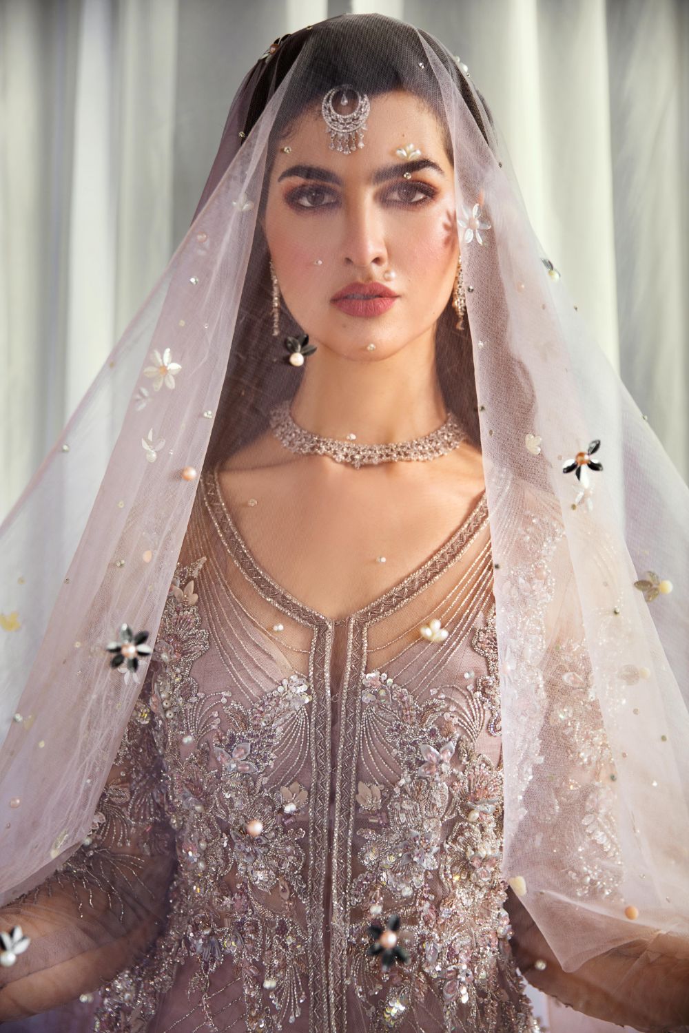 Pakistani Dust Rose Embellished Net Gown with Fishtail Lehenga (3-Piece) - Image 2
