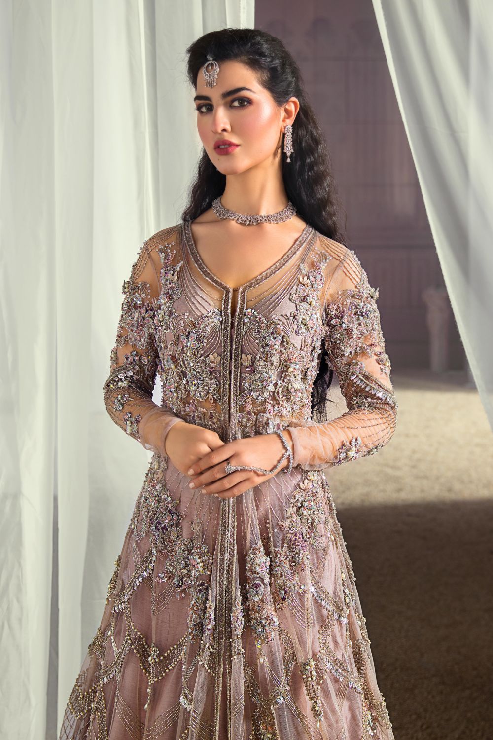 Pakistani Dust Rose Embellished Net Gown with Fishtail Lehenga (3-Piece) - Image 4