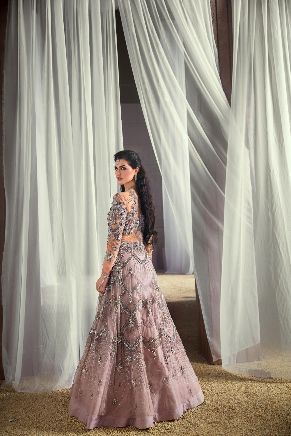 Pakistani Dust Rose Embellished Net Gown with Fishtail Lehenga (3-Piece) - Image 5