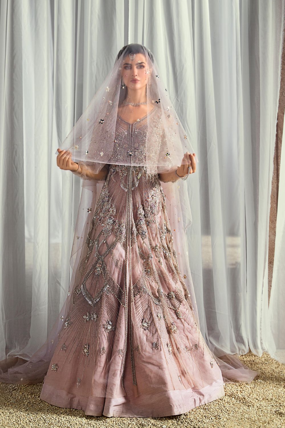 Pakistani Dust Rose Embellished Net Gown with Fishtail Lehenga (3-Piece) - Image 6