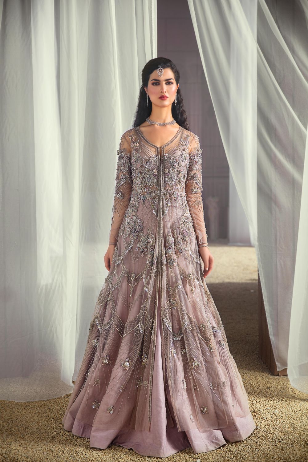 Pakistani Dust Rose Embellished Net Gown with Fishtail Lehenga (3-Piece) - Image 7