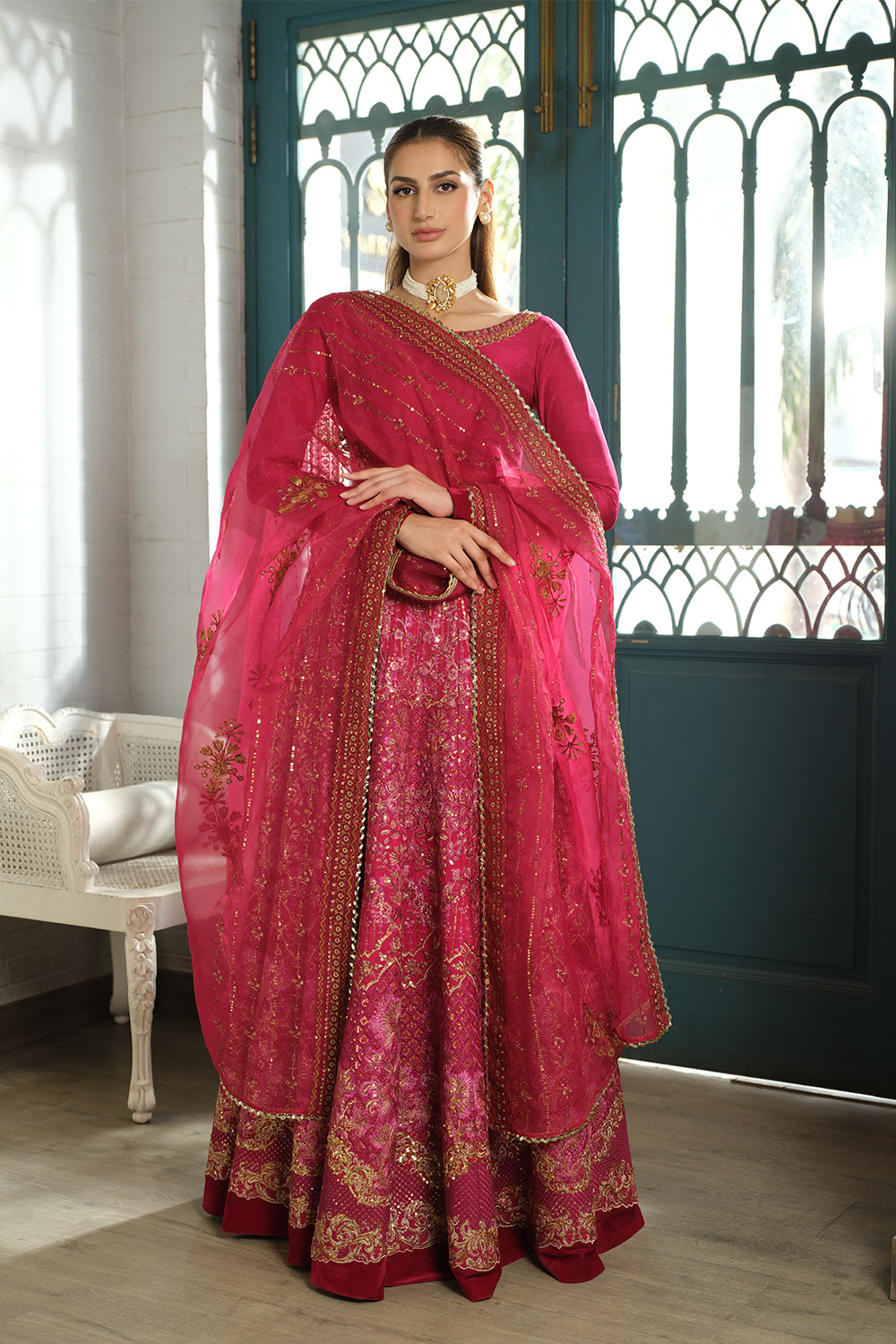 Fuchsia Pink Embroidered Korean Silk Lehenga (3-Piece) - Image 1