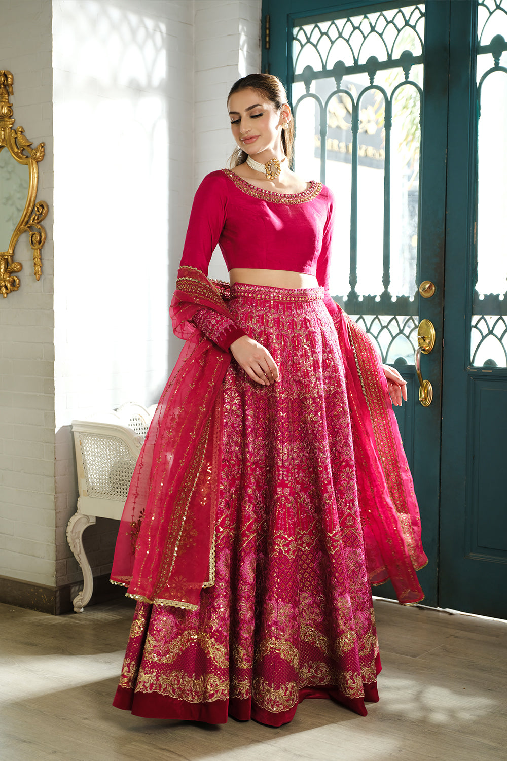 Fuchsia Pink Embroidered Korean Silk Lehenga (3-Piece) - Image 10