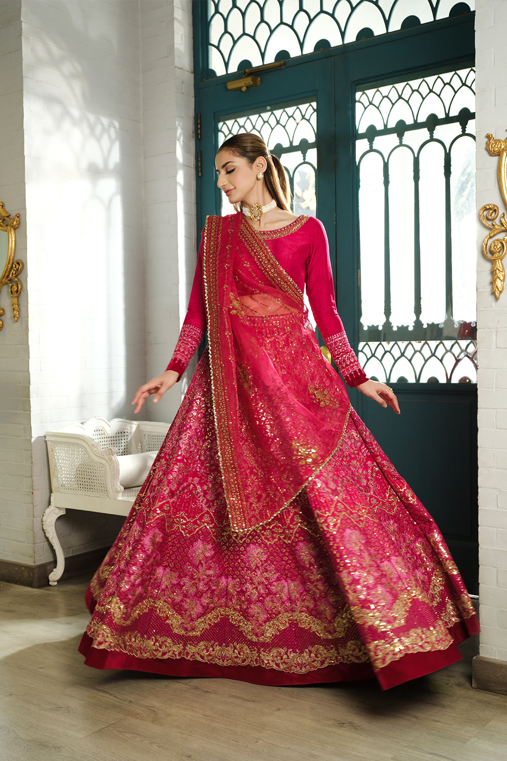 Fuchsia Pink Embroidered Korean Silk Lehenga (3-Piece) - Image 11