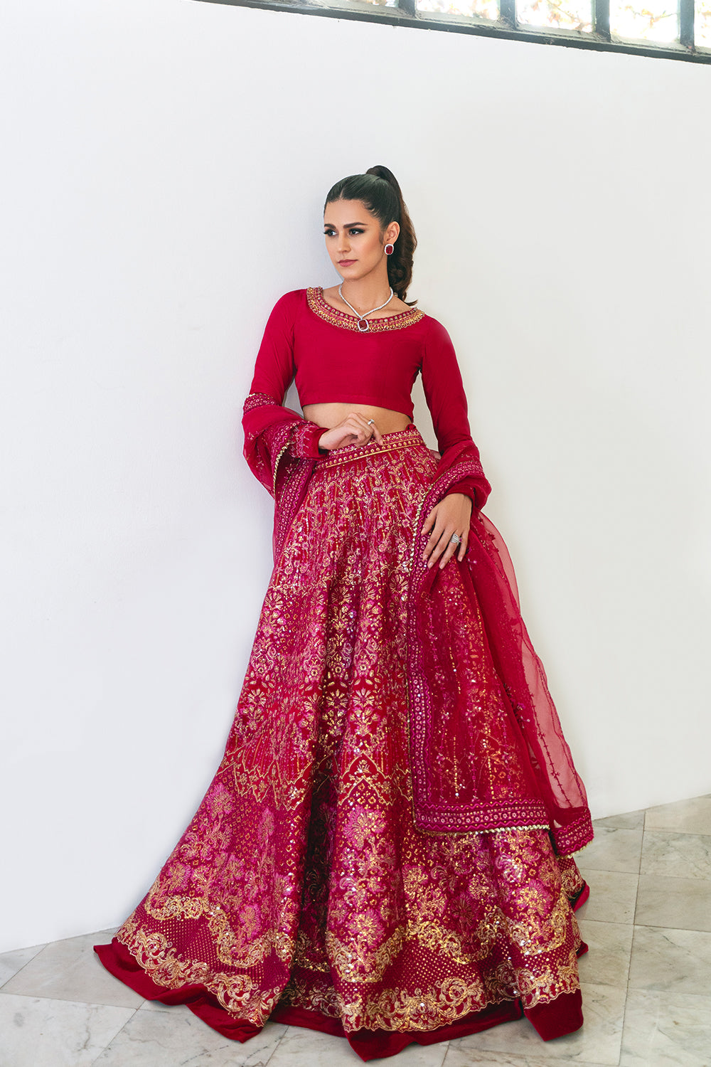 Fuchsia Pink Embroidered Korean Silk Lehenga (3-Piece) - Image 2