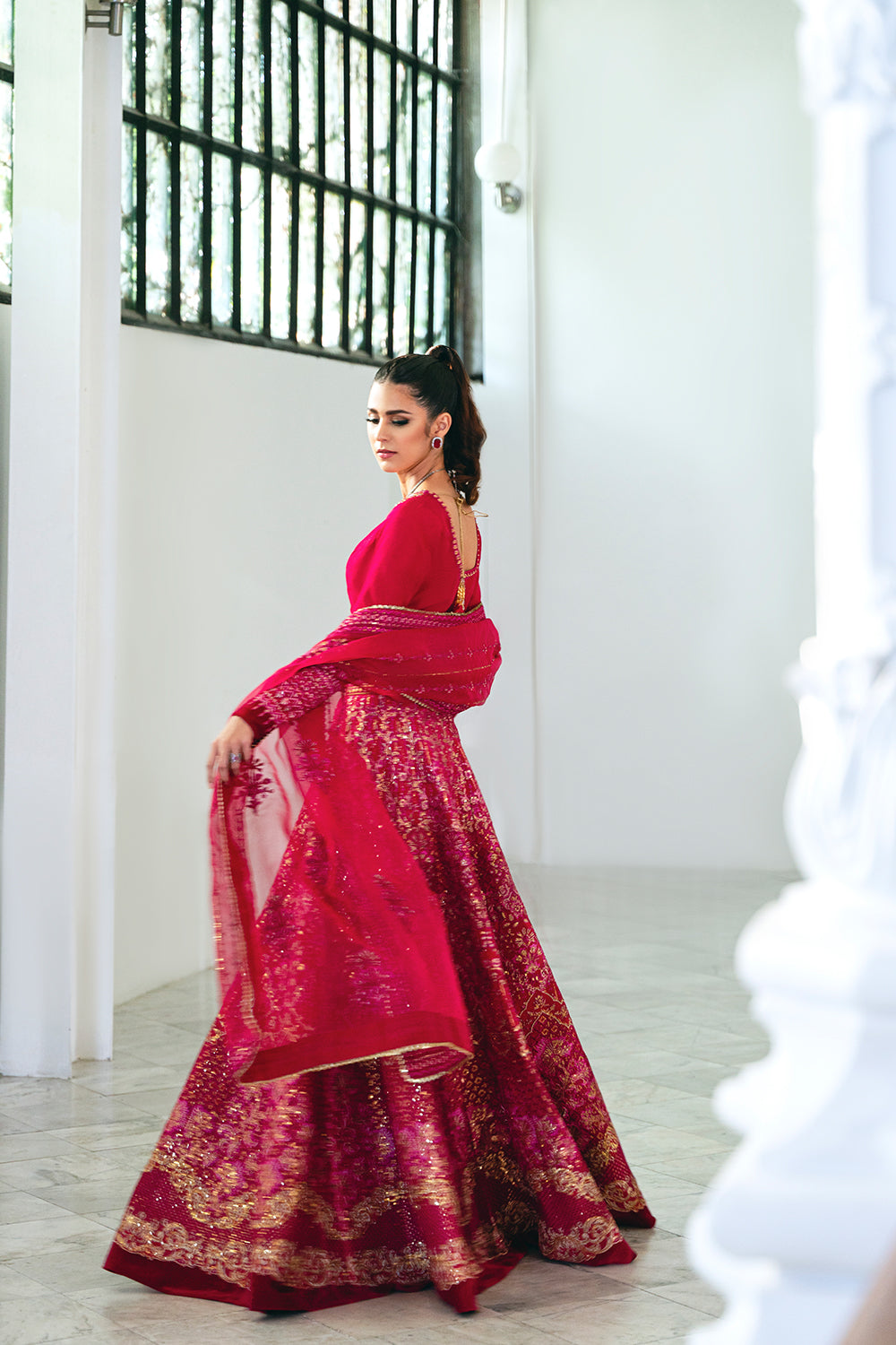 Fuchsia Pink Embroidered Korean Silk Lehenga (3-Piece) - Image 3