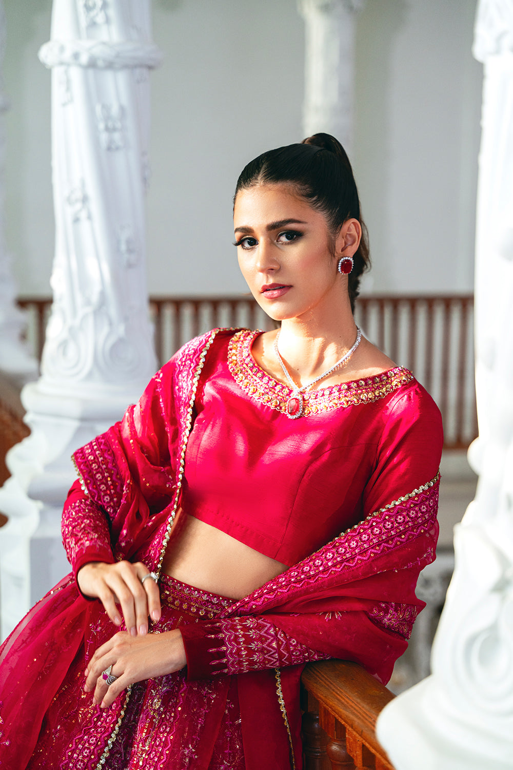 Fuchsia Pink Embroidered Korean Silk Lehenga (3-Piece) - Image 4