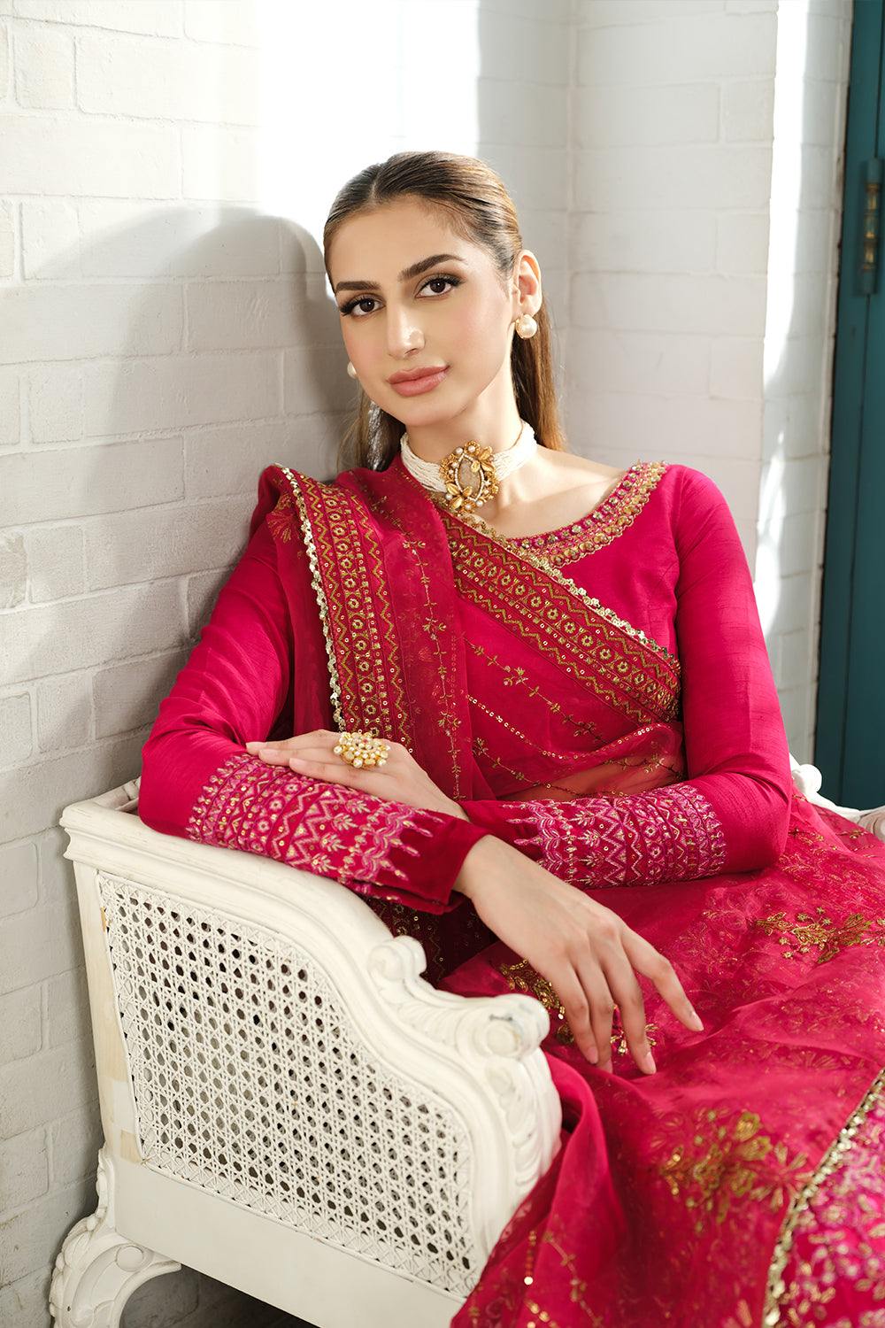 Fuchsia Pink Embroidered Korean Silk Lehenga (3-Piece) - Image 5