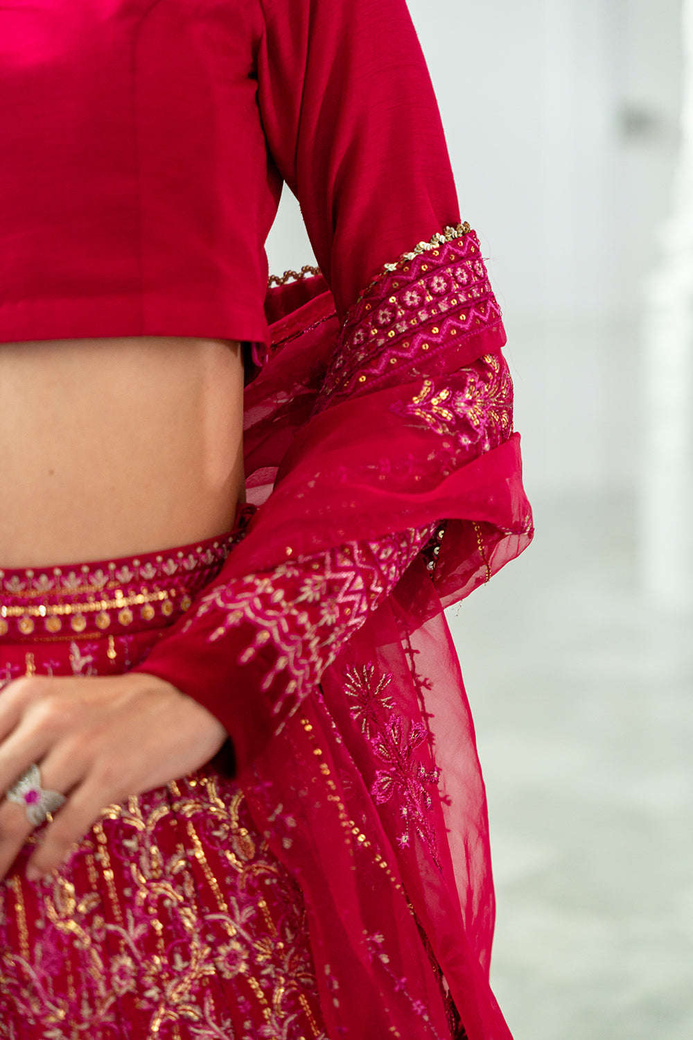 Fuchsia Pink Embroidered Korean Silk Lehenga (3-Piece) - Image 6