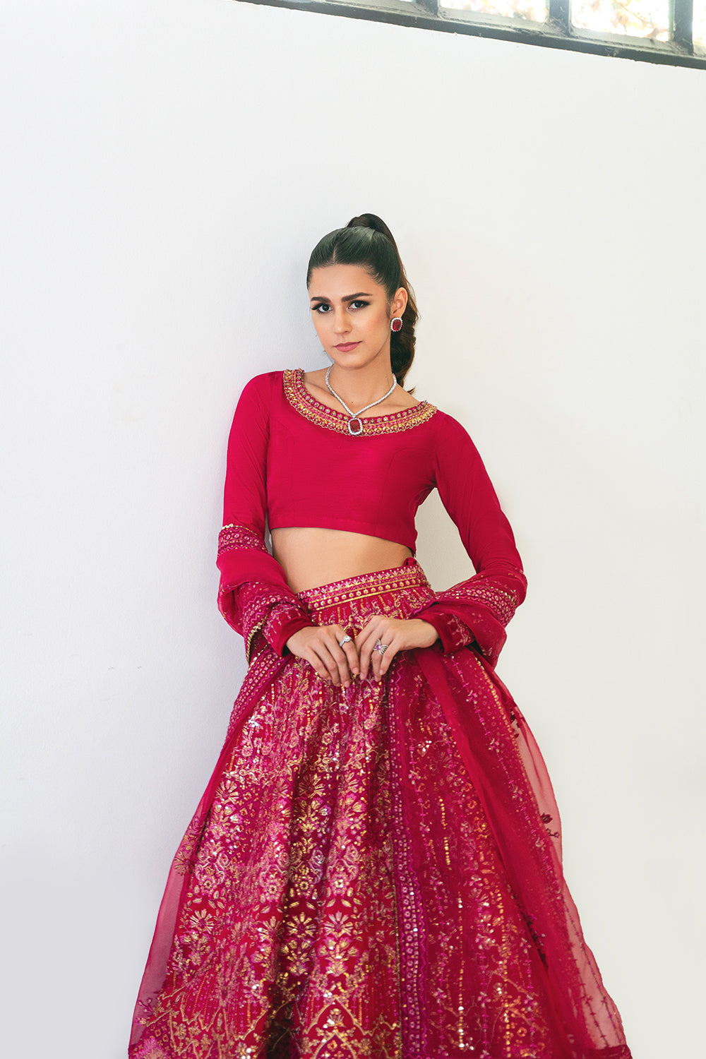 Fuchsia Pink Embroidered Korean Silk Lehenga (3-Piece) - Image 7