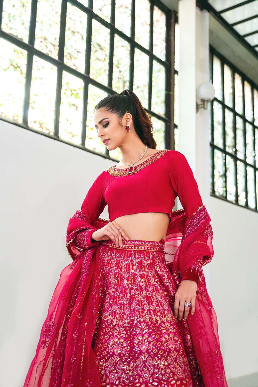 Fuchsia Pink Embroidered Korean Silk Lehenga (3-Piece) - Image 8