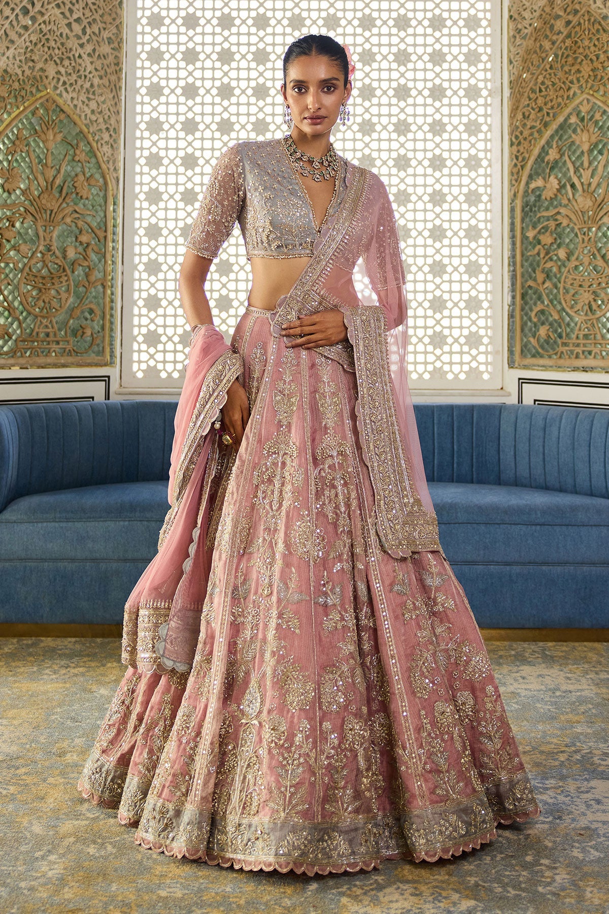 Pink & Blue Embroidered Kota Tissue Lehenga (3-Piece) - Image 1
