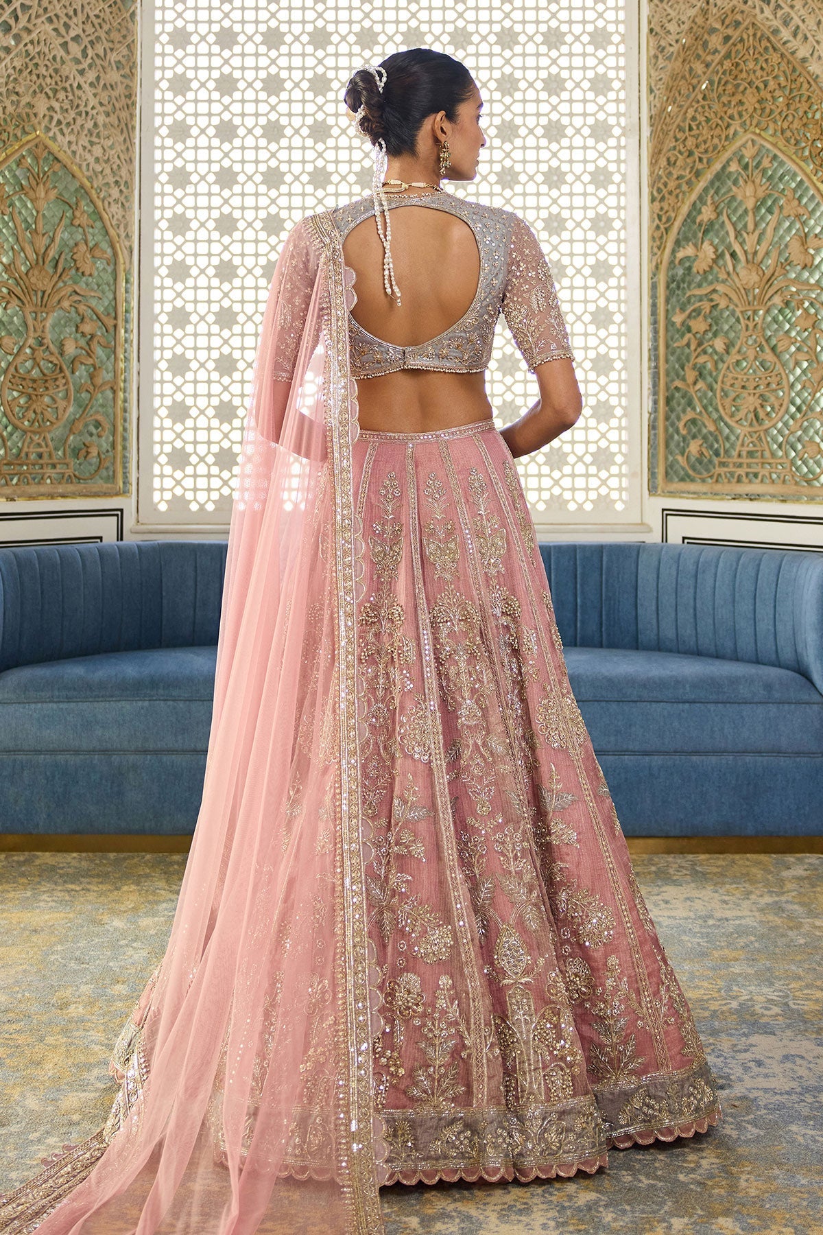 Pink & Blue Embroidered Kota Tissue Lehenga (3-Piece) - Image 3