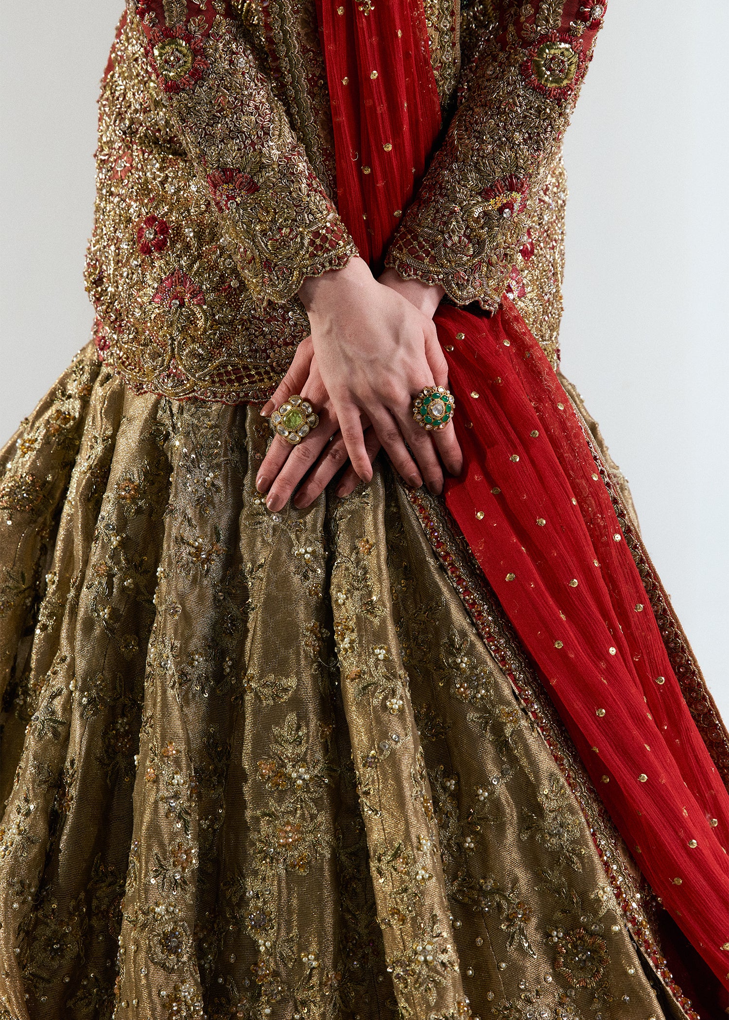 Strawberry Pink Embellished French Net Bridal Lehenga (3-Piece) - Image 3