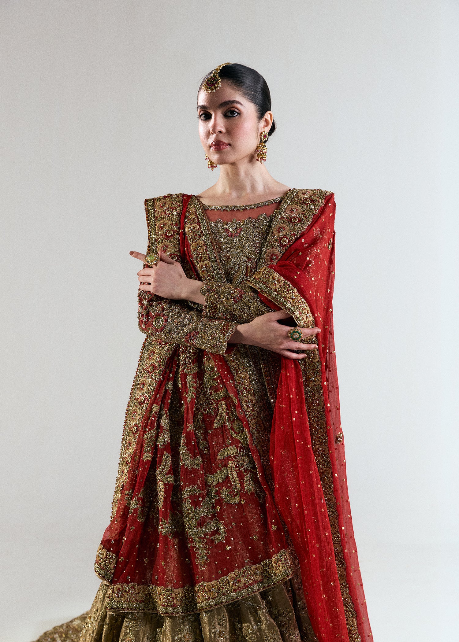 Strawberry Pink Embellished French Net Bridal Lehenga (3-Piece) - Image 5