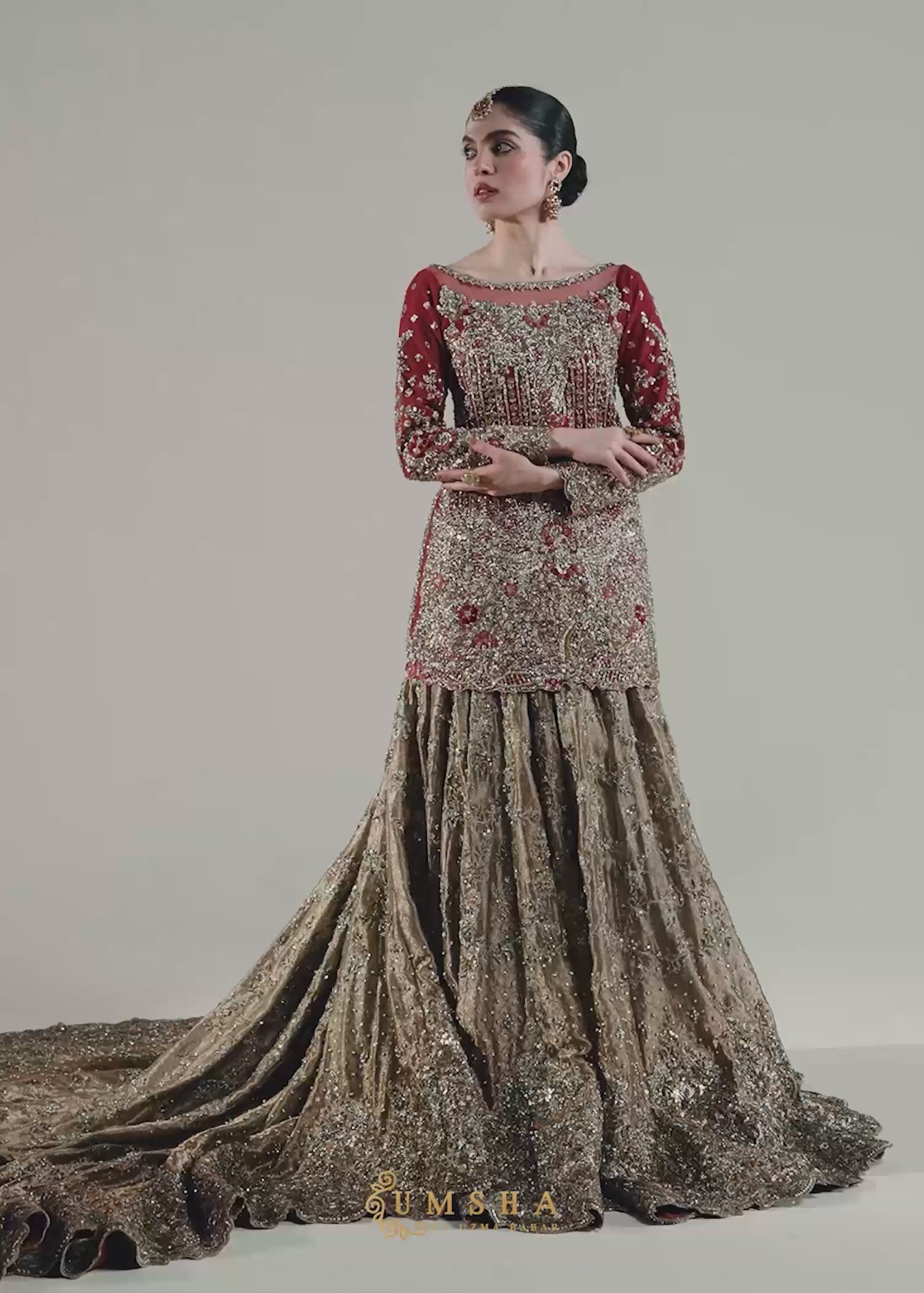 Strawberry Pink Embellished French Net Bridal Lehenga (3-Piece) - Image 8