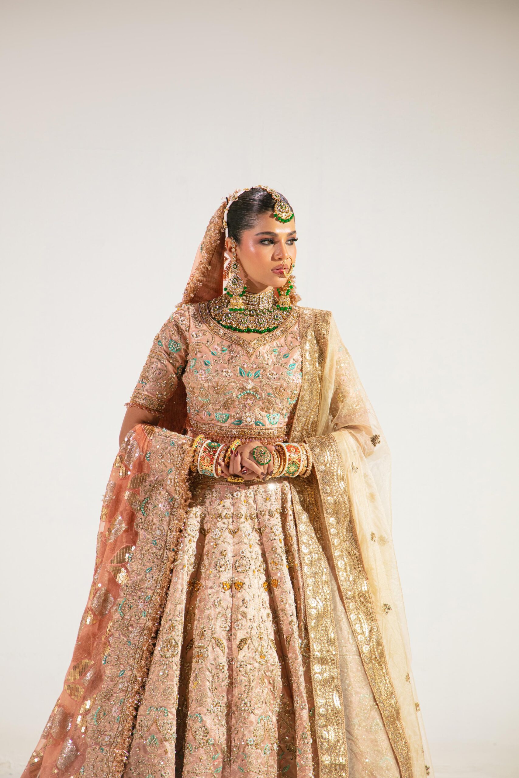 Peach Embellished Lama Tissue Lehenga (3-Piece) - Image 1