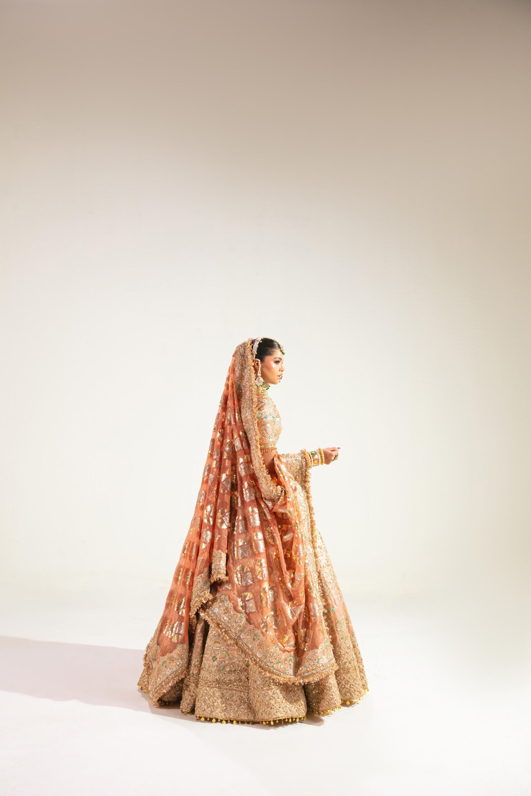 Peach Embellished Lama Tissue Lehenga (3-Piece) - Image 3