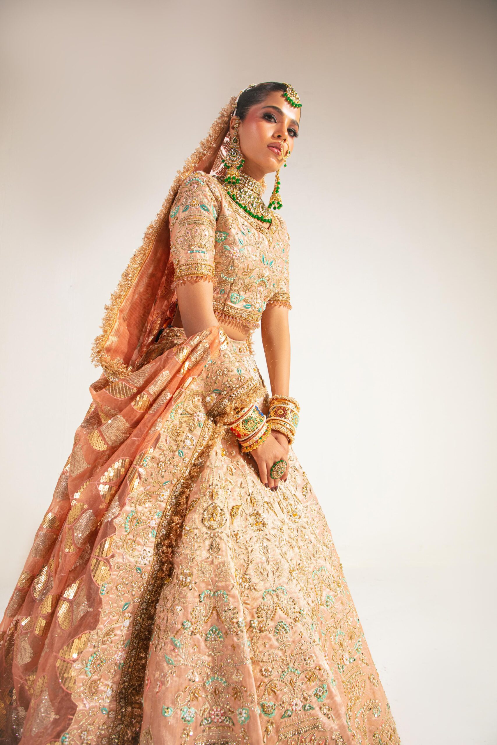 Peach Embellished Lama Tissue Lehenga (3-Piece) - Image 4