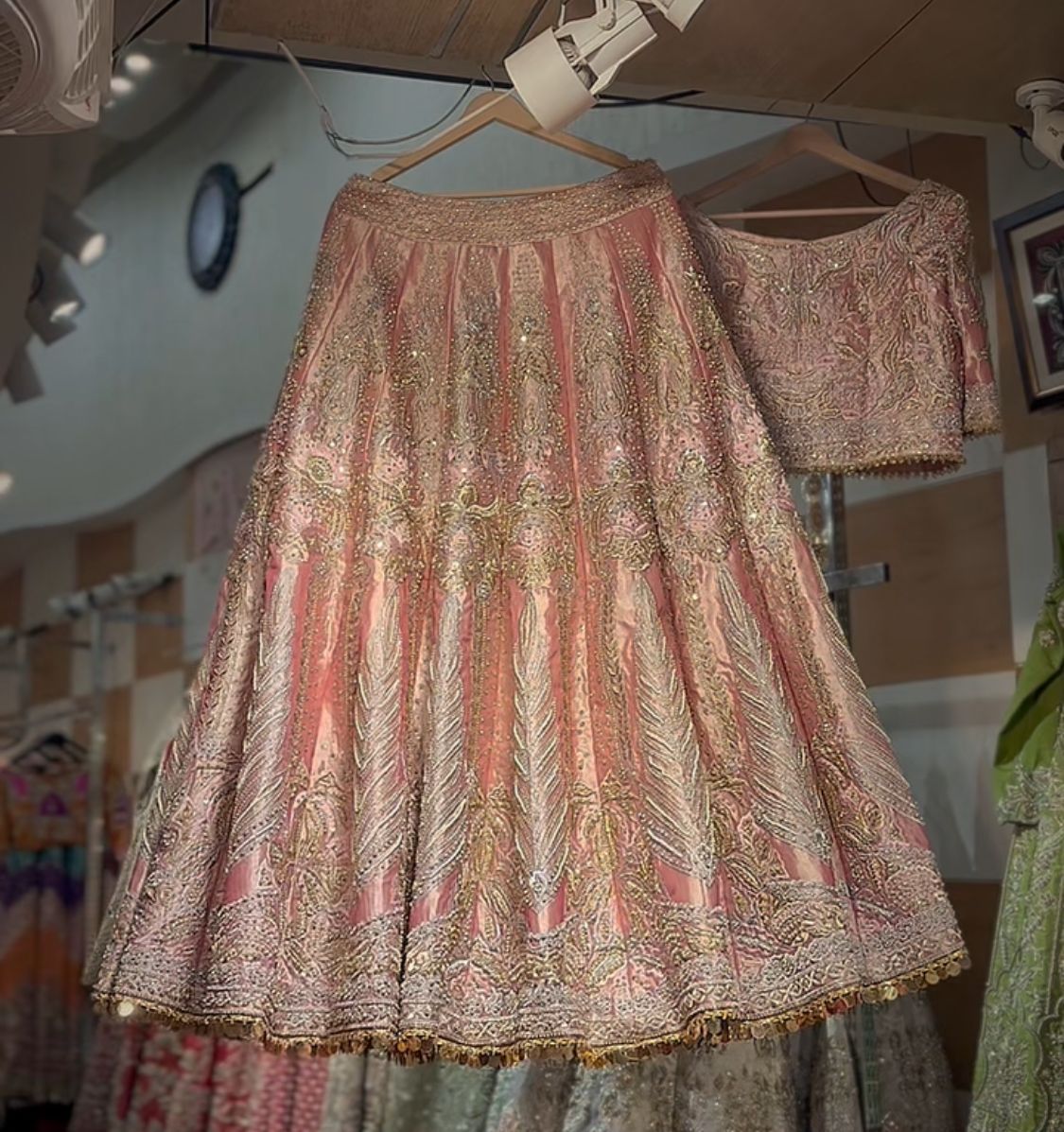 Pastel Pink Embellished Lama Tissue Lehenga (2-Piece) - Image 1