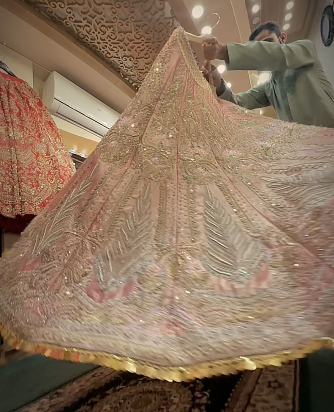 Pastel Pink Embellished Lama Tissue Lehenga (2-Piece) - Image 2