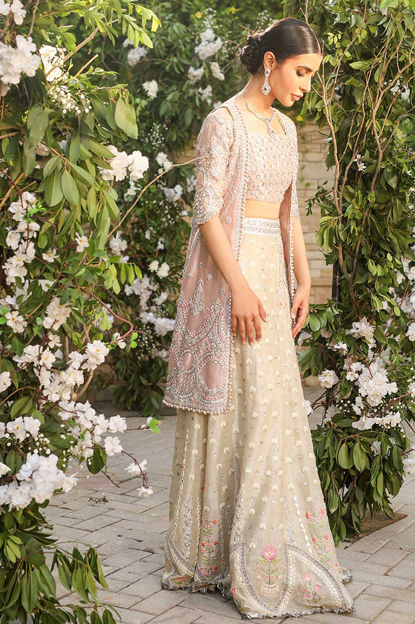 Pakistani Blush Pink Embroidered Meysuri Choli Jacket with Gold Lehenga (3-Piece) - Image 1