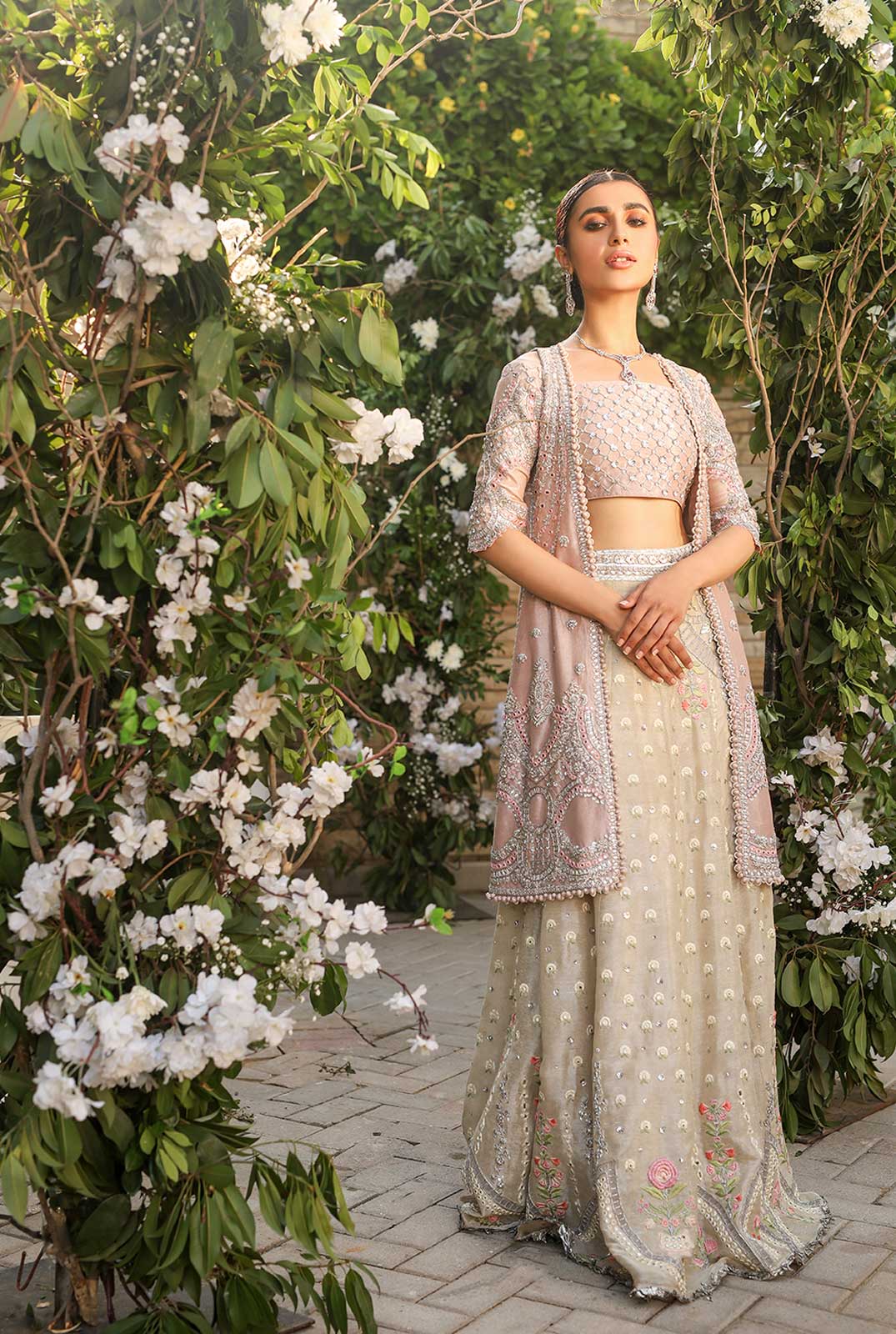 Pakistani Blush Pink Embroidered Meysuri Choli Jacket with Gold Lehenga (3-Piece) - Image 2