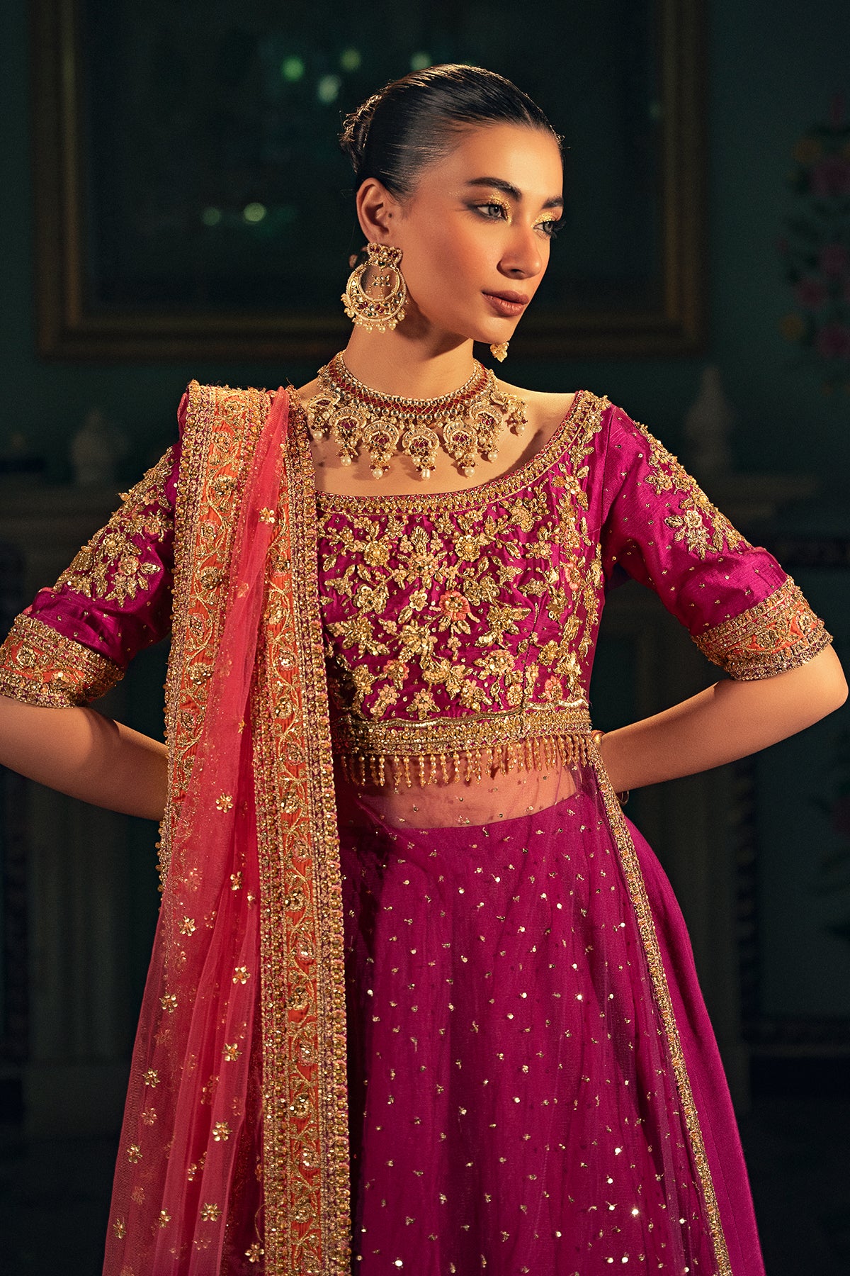 Magenta Zardozi Masoori & Net Bridal Lehenga (3-Piece) - Image 2