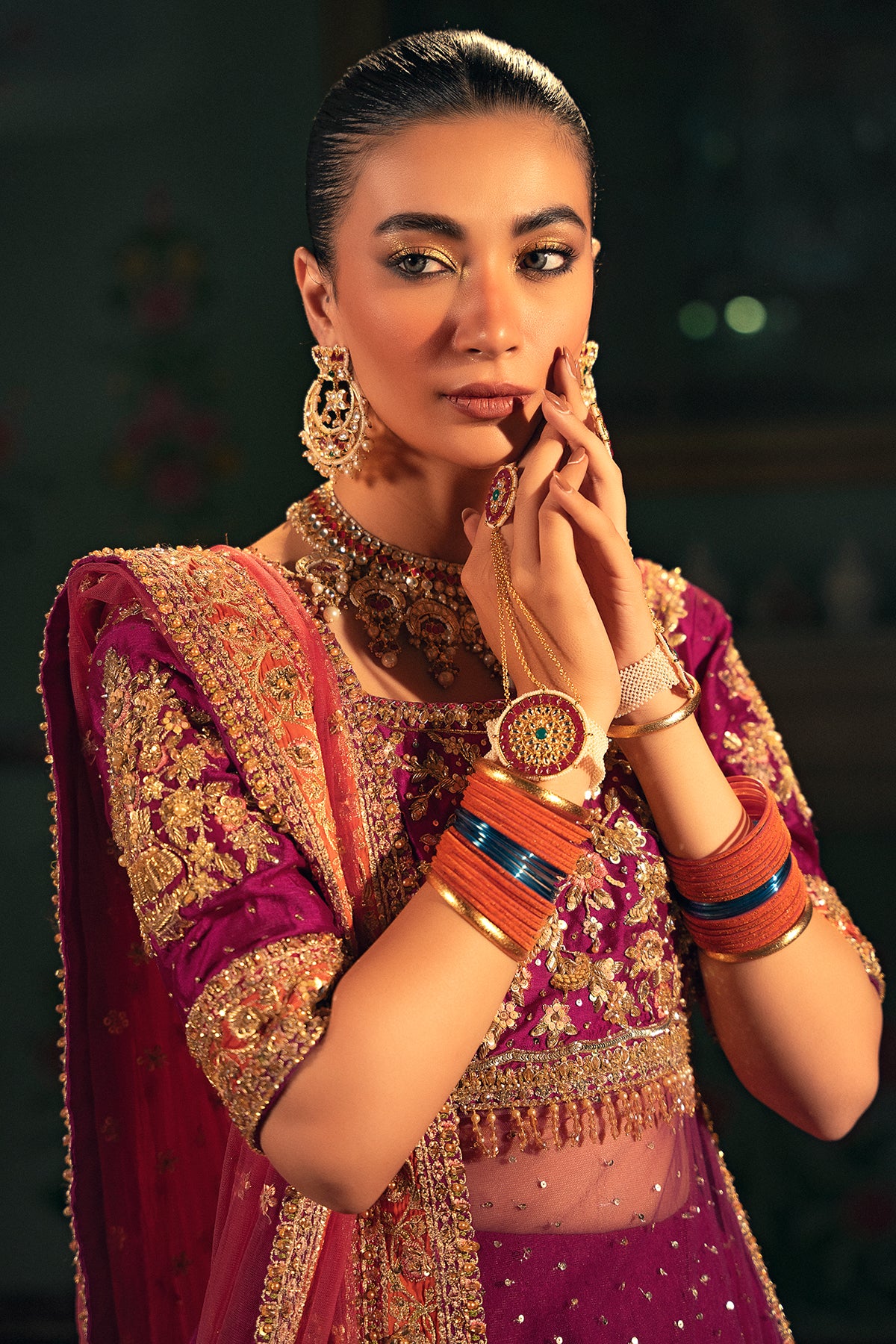 Magenta Zardozi Masoori & Net Bridal Lehenga (3-Piece) - Image 3