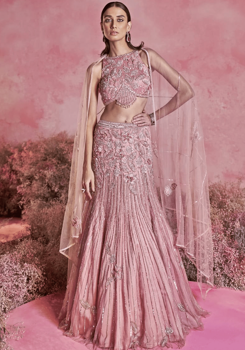 Blush Pink 3D Floral Mesh Mermaid Lehenga (3-Piece) - Image 1