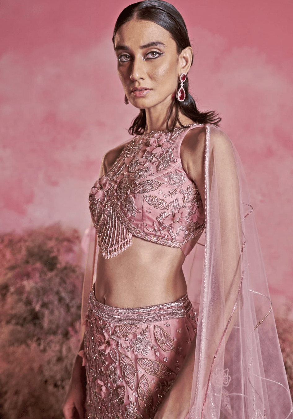 Blush Pink 3D Floral Mesh Mermaid Lehenga (3-Piece) - Image 4