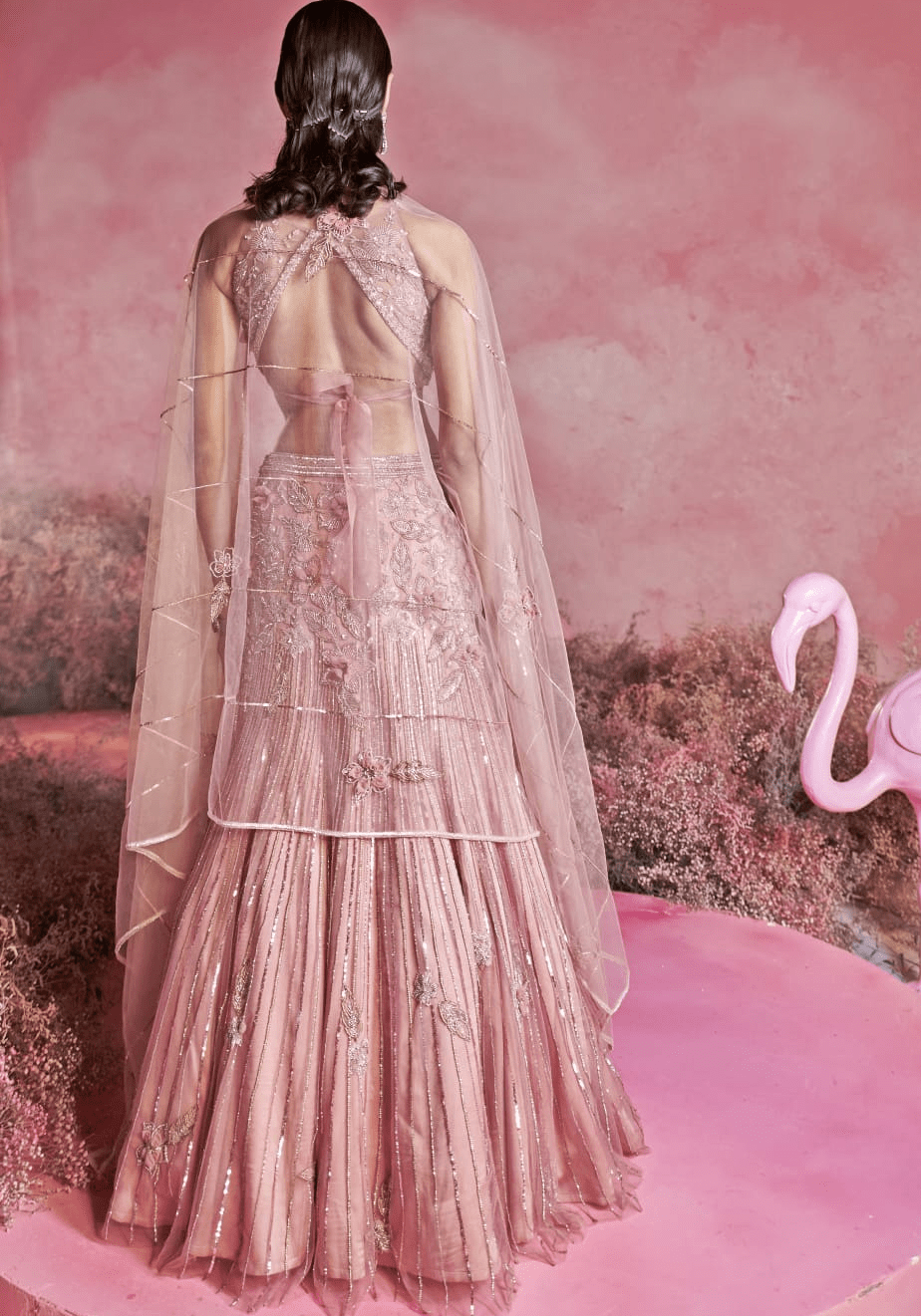 Blush Pink 3D Floral Mesh Mermaid Lehenga (3-Piece) - Image 5
